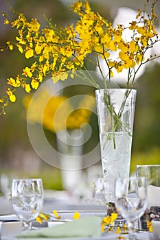 Beach wedding decor table setting and flowers