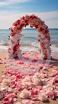 Beach wedding setting enhanced by a profusion of red and pink roses