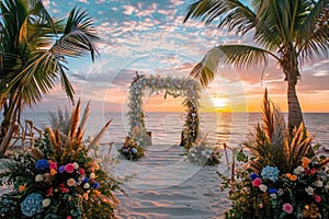 A beach wedding setup with palm trees and a beautiful display of flowers for the ceremony, A sunset filled beach with a decorated