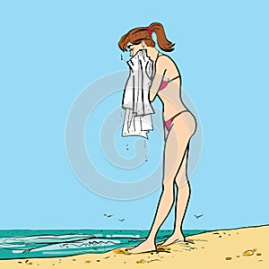 On the beach wet girl towel