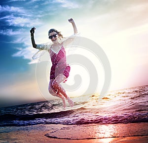 Beach Woman Jumping Summer Holiday Chilling Concept photo