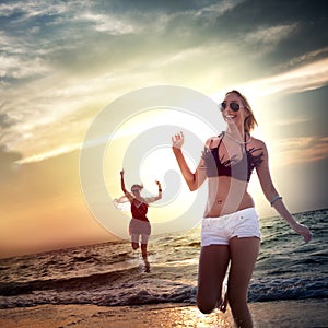 Beach Women Jumping Summer Holiday Chilling Concept