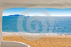 Beach at World's End Park, Sanya, China. View of the beautiful beach and sea from the white bungalow