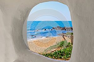 Beach at World's End Park, Sanya, China. View of the beautiful beach and sea from the white bungalow