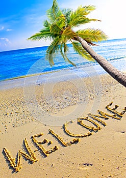 On a beach it is written Welcome and a palm tree