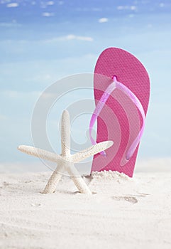 Beachball and flip flop, summer vacation background