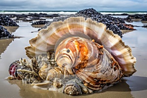 beachcomber finds beautiful shell amidst the sand and seaweed