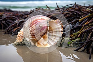 beachcomber finds beautiful shell amidst the sand and seaweed