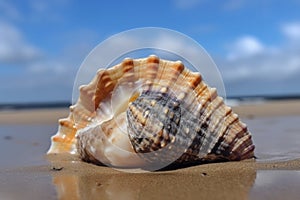 beachcomber finds rare shell in the sand, with close-up view