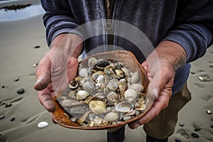 a beachcomber finds unusual shells and other treasures among the sand and seaweed