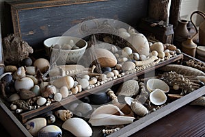 beachcomber's collection of shells, driftwood, and other beach treasures