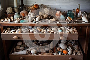 beachcomber's collection of shells, driftwood, and other beach treasures
