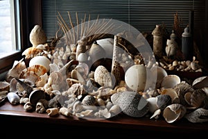 beachcomber's collection of shells, driftwood, and other beach treasures