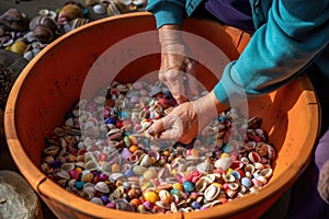 beachcomber sifting through bucket of colorful shells and stones