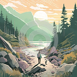 Beachcombing Illustration: Hiking In The Woods With Mountains