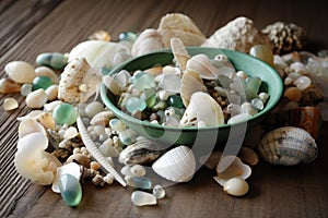 beachcombing snapshot of collection of shells, sea glass, and other beach treasures