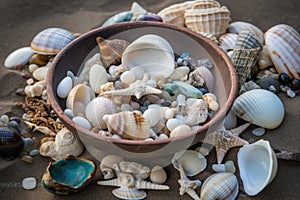 beachcombing snapshot of collection of shells, sea glass, and other beach treasures