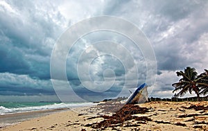 Beached Abandoned Boat Skiff on Isla Blanca peninsula on Cancun Bay Mexico