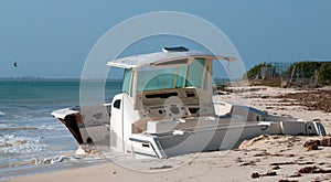 Beached Abandoned Boat Skiff on Isla Blanca peninsula on Cancun Bay Mexico