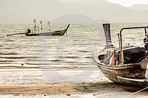 Beached & anchored boats at low tide, Ko Yao Noi island, Phang-Nga Bay, Thailand