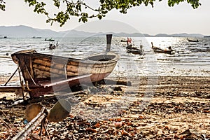 Beached & anchored boats at low tide, Ko Yao Noi island, Phang-Nga Bay, Thailand