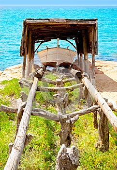 Beached boat in wood railway at Formentera