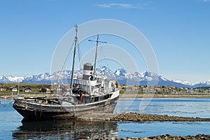 Beached ship on Ushuaia port, Argentina landscape