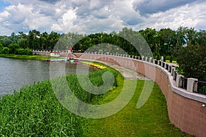 Beaches on the banks of the Khorol River in Myrgorod{Mirgorod} resort and a park area