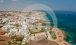 Beaches and hotels of the first line of the Mediterranean Sea in Protaras, Cyprus, aerial view