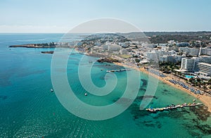 Beaches and hotels of the first line of the Mediterranean Sea in Protaras, Cyprus, aerial view