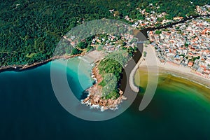 Beaches, rocks, river and ocean in Brazil. Aerial view of Barra da lagoa village in Florianopolis