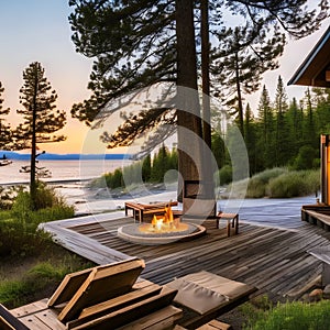 A beachfront bungalow with a hammock, a fire pit, and a wooden path to the beachA log cabin with a river rock fireplace, a cover