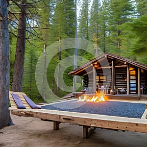 A beachfront bungalow with a hammock, a fire pit, and a wooden path to the beachA log cabin with a river rock fireplace, a cover