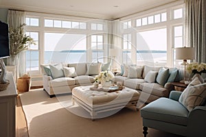 Beachfront Living Room With Nautical Decor And Ocean Views Coastal Interior Design. Generative AI