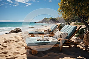 Beachfront reprieve Chaise lounges offer comfort against the backdrop of the ocean photo