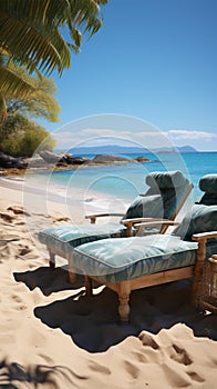 Beachfront reprieve Chaise lounges offer comfort against the backdrop of the ocean photo