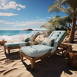Beachfront reprieve Chaise lounges offer comfort against the backdrop of the ocean photo