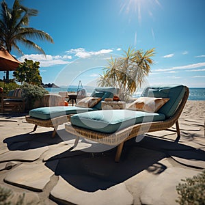Beachfront reprieve Chaise lounges offer comfort against the backdrop of the ocean photo
