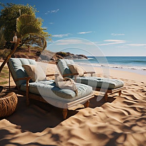 Beachfront reprieve Chaise lounges offer comfort against the backdrop of the ocean photo