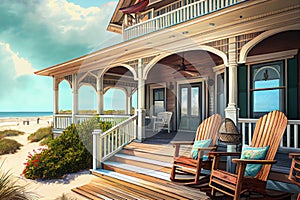 beachfront villa with wrap-around porch and rocking chairs