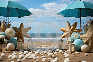 Beachscape with starfish sandy shore and surfboards, summer landscape image