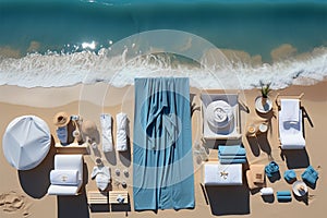 Beachscape vignette Top view showcases sandy beach, towel frame, and summer essentials