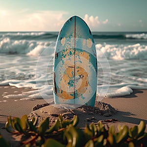 Beachside allure Surfboard stuck in the sand on the shore