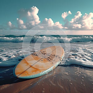 Beachside allure Surfboard stuck in the sand on the shore