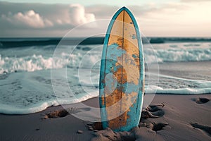 Beachside allure Surfboard stuck in the sand on the shore