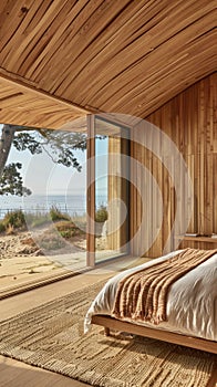 beachside bedroom with light, breezy decor, offering sweeping ocean vistas and incorporating natural materials for a photo