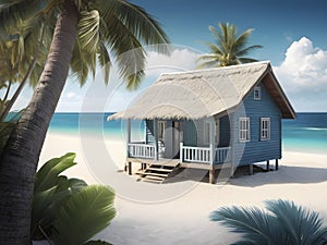 Beachside Bliss. Rustic Cabin with Palms Overlooking the Sea.