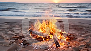 Beachside bonfire Crackling flames warm intimate gathering moments.AI Generated