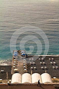 Beachside cafe restaurant on French Riveria beach. Nice, France