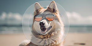 Beachside Chuckles Smiling Siberian Huskie Dog Funny Sunglasses Fun in the Sun. Generative AI